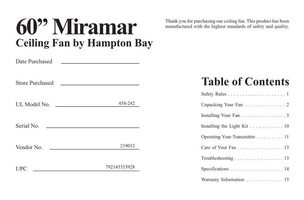 Hampton Bay 458 242 Miramar 60 in ceiling fan Ceiling Fan Operating Manual